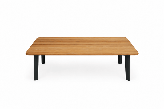 Modern outdoor furniture Ember outdoor table with woodgrain top and Monument black aluminium frame for patios and outdoor entertaining in Australia.