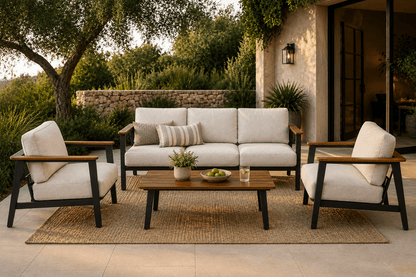 Modern Ember outdoor lounge collection with Monument black aluminium frame and timber-look accents styled for Brisbane patios and outdoor entertaining. Comes with a coffee table, single-seat sofa and three-seat outdoor sofa.