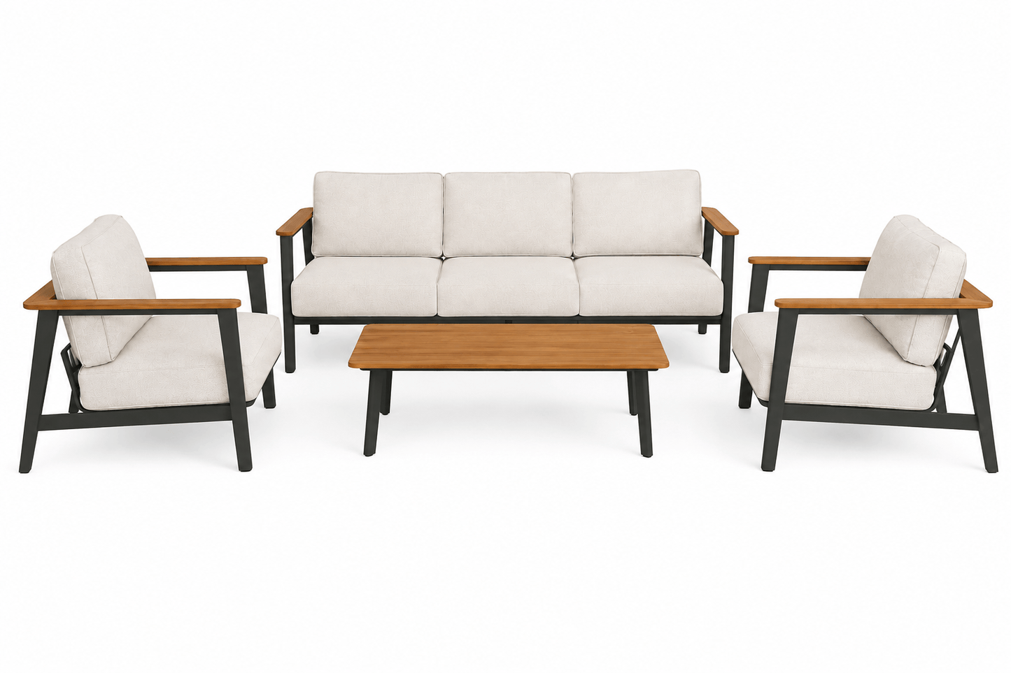 Complete Ember outdoor lounge collection featuring single-seat sofa, three-seat sofa and woodgrain table with Monument black accents for stylish outdoor living in Australian weather.