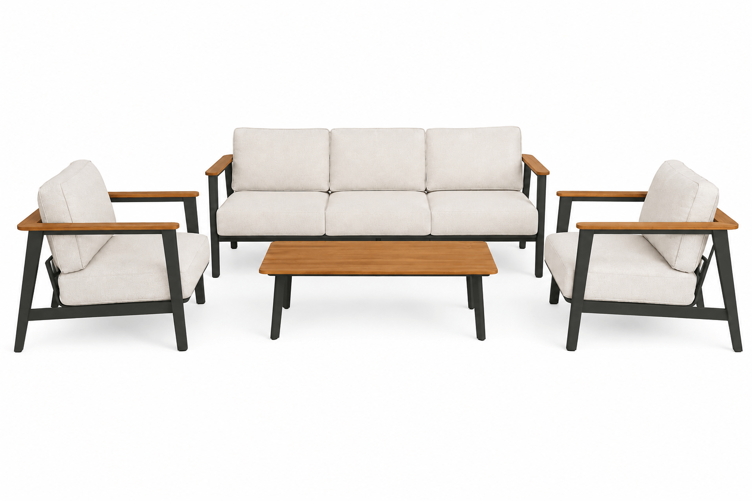 Complete Ember outdoor lounge collection featuring single-seat sofa, three-seat sofa and woodgrain table with Monument black accents for stylish outdoor living in Australian weather.