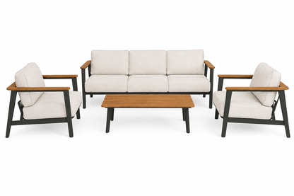 Complete Ember outdoor lounge collection featuring single-seat sofa, three-seat sofa and woodgrain table with Monument black accents for stylish outdoor living in Australian weather.
