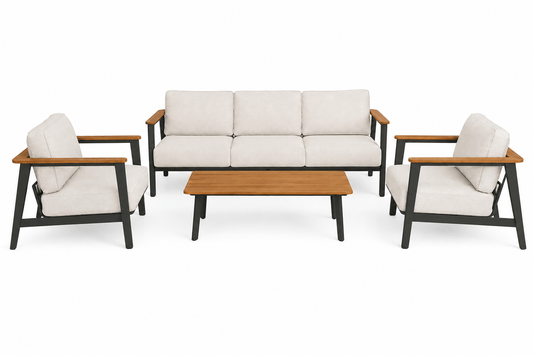 Complete Ember outdoor lounge collection featuring single-seat sofa, three-seat sofa and woodgrain table with Monument black accents for stylish outdoor living in Australian weather.
