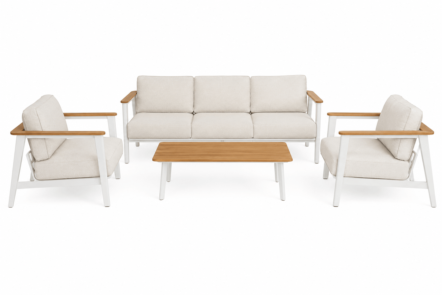Complete Ember outdoor lounge collection featuring single-seat sofa, three-seat sofa and woodgrain table with white accents for stylish outdoor living in Australian weather.