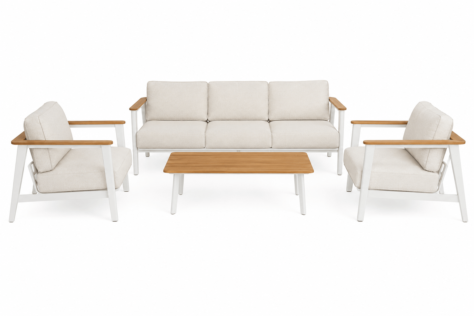 Complete Ember outdoor lounge collection featuring single-seat sofa, three-seat sofa and woodgrain table with white accents for stylish outdoor living in Australian weather.