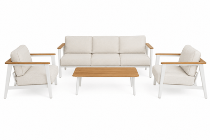 Complete Ember outdoor lounge collection featuring single-seat sofa, three-seat sofa and woodgrain table with white accents for stylish outdoor living in Australian weather.