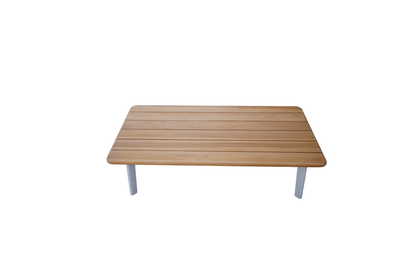 Modern Ember outdoor table with woodgrain top and white aluminium frame for patios and outdoor entertaining in Australia.