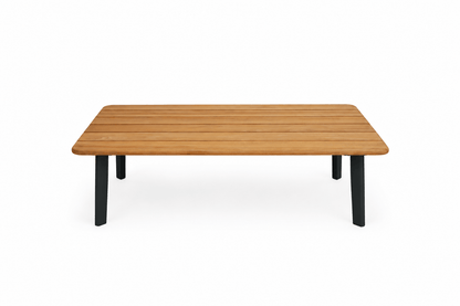 Modern outdoor furniture Ember outdoor table with woodgrain top and Monument black aluminium frame for patios and outdoor entertaining in Australia.