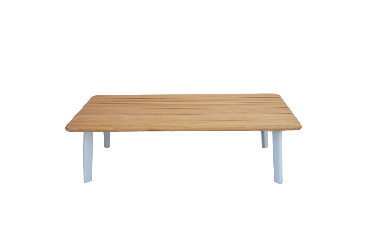 Modern Ember outdoor table with woodgrain top and white aluminium frame for patios and outdoor entertaining in Australia.