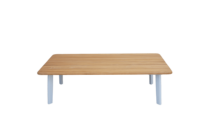 Modern Ember outdoor table with woodgrain top and white aluminium frame for patios and outdoor entertaining in Australia.