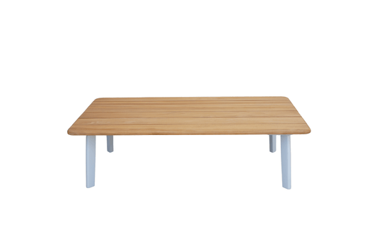 Modern Ember outdoor table with woodgrain top and white aluminium frame for patios and outdoor entertaining in Australia.