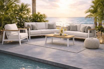 Modern Ember outdoor lounge collection with white aluminium frame and timber-look accents styled for Brisbane patios and outdoor entertaining. Comes with a coffee table, single-seat sofa and three-seat outdoor sofa.