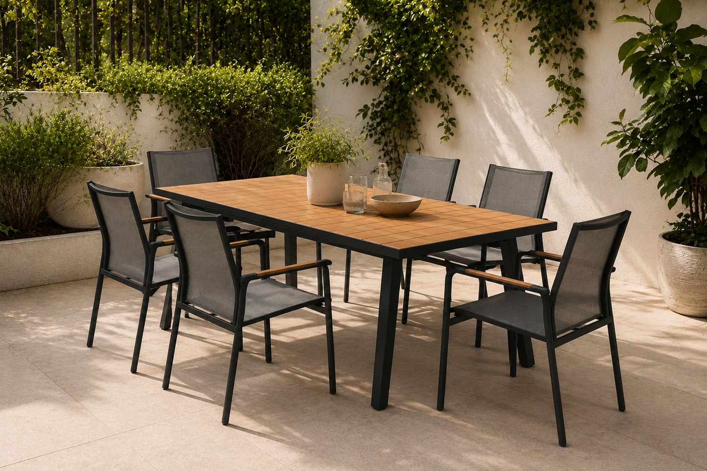 Outdoor dining set with a wooden table and black chairs on a patio.